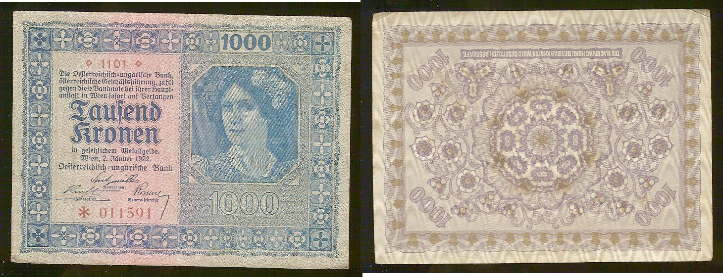 Autriche, 1000 Kronen, 1922 TTB+